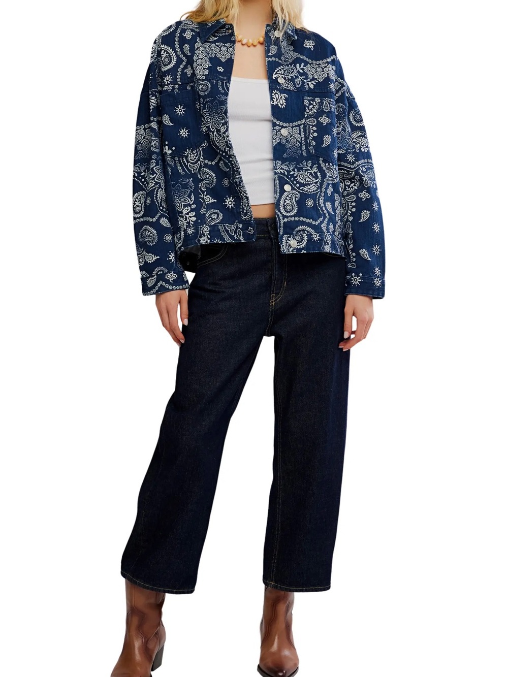 Free People Opal Swing Printed Denim Jacket in navy combo bandana